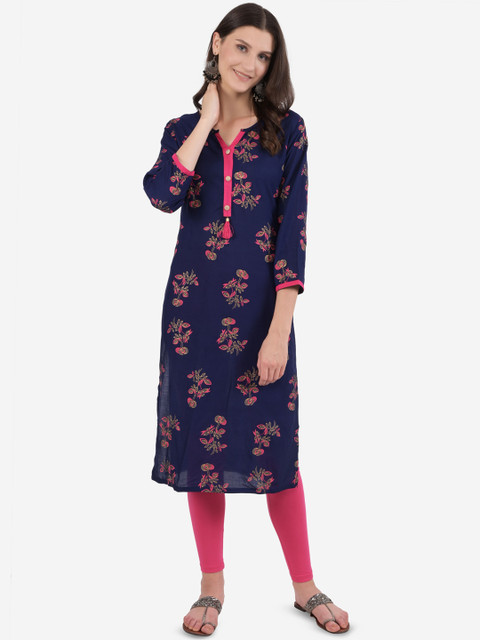 

Ashnaina Women Blue & Pink Floral Printed Kurta