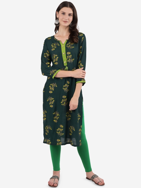 

Ashnaina Women Green & Yellow Floral Printed Thread Work Kurta