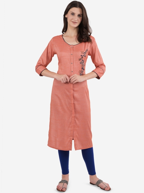 

Ashnaina Women Peach-Coloured Ethnic Motifs Hand Embroidered Kurta