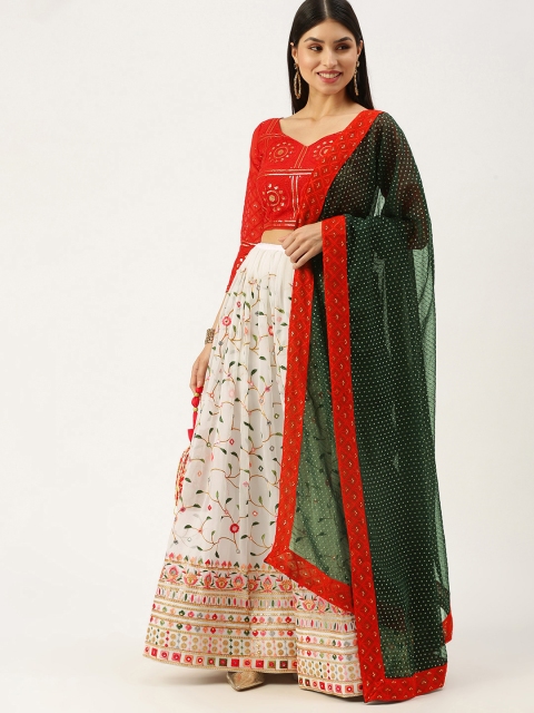 

LOOKNBOOK ART White & Red Embellished Sequinned Semi-Stitched Lehenga & Unstitched Blouse With Dupatta