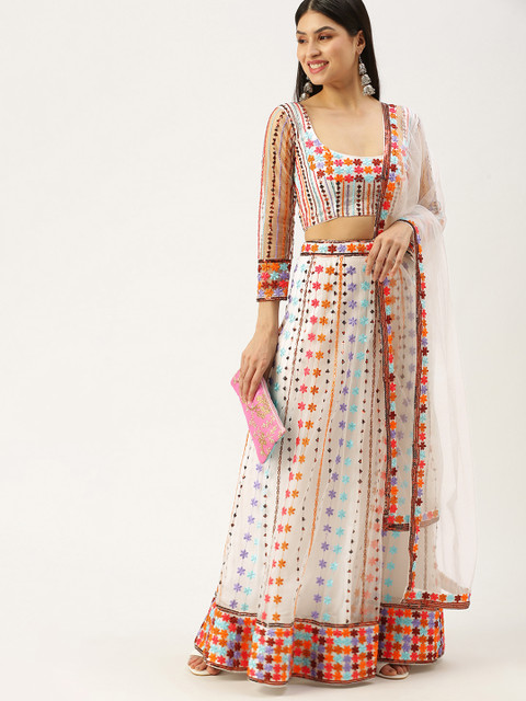

LOOKNBOOK ART White & Multicoloured Embellished Sequinned Semi-Stitched Lehenga & Unstitched Blouse With