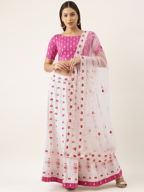 

LOOKNBOOK ART White & Pink Embellished Sequinned Semi-Stitched Lehenga & Unstitched Blouse With Dupatta