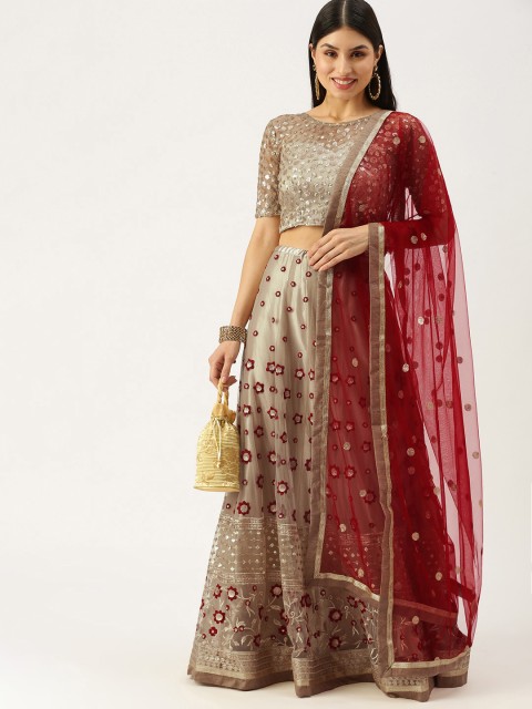 

LOOKNBOOK ART Grey Embellished Sequinned Semi-Stitched Lehenga & Unstitched Blouse With Dupatta