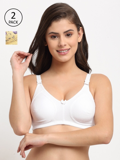 

Friskers Pack of 2 Yellow & White Printed Non Wired Medium Coverage T-shirt Bra