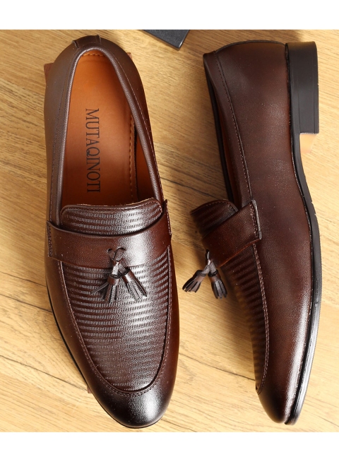 

MUTAQINOTI Men Brown Perforations Patent Leather Loafers