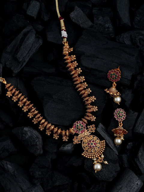 

Shoshaa Gold-Plated Pink & Green Stone-Studded & Beaded Temple Jewellery Set