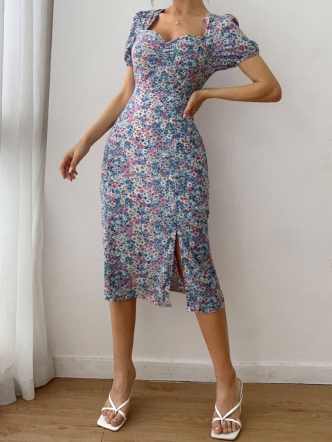 

GRACE & JACK Blue & Green Floral Printed A-Line Dress