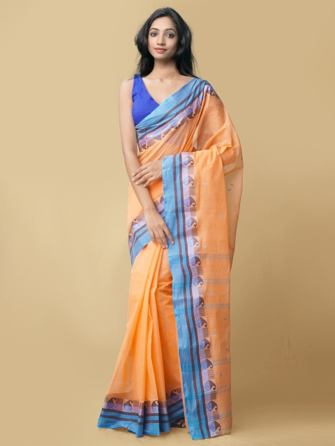 

Unnati Silks Orange & Blue Solid Tant Bengal Pure Cotton Saree