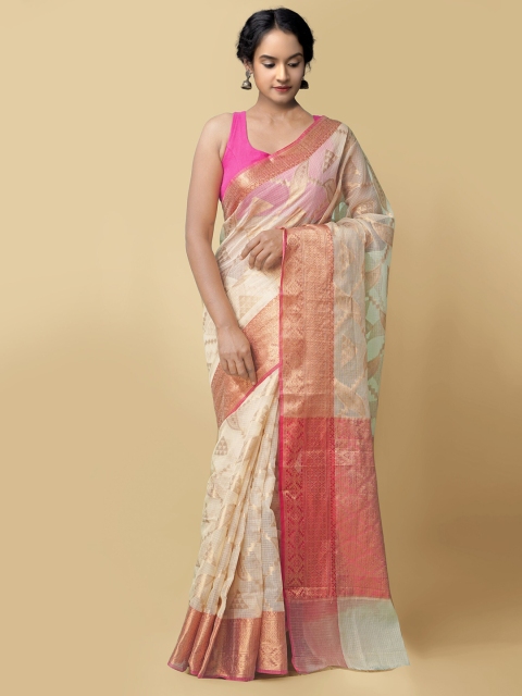 

Unnati Silks Cream-Coloured & Pink Woven Design Zari Silk Cotton Kota Saree