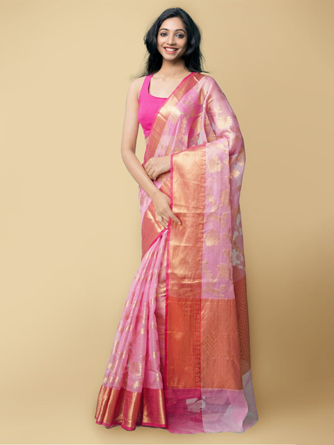 

Unnati Silks Pink & Gold-Toned Woven Design Zari Silk Handloom Cotton Kota Saree