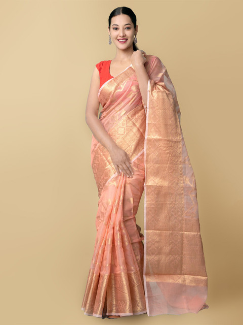 

Unnati Silks Peach-Coloured & Gold-Toned Woven Design Silk Cotton Handloom Kota Saree