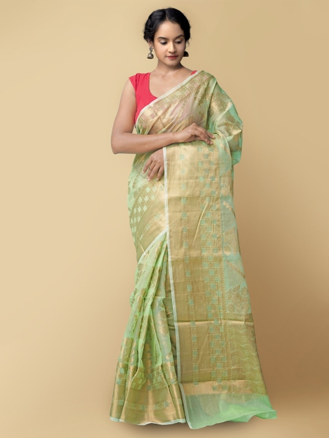 

Unnati Silks Women Green & Gold-Toned Pure Kota Banarasi Sustainable Saree