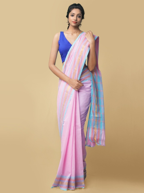 

Unnati Silks Pink & Turquoise Blue Solid Mangalagiri Saree