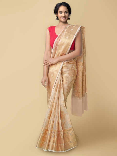 

Unnati Silks Cream-Coloured & Gold-Toned Woven Design Zari Silk Cotton Kota Saree