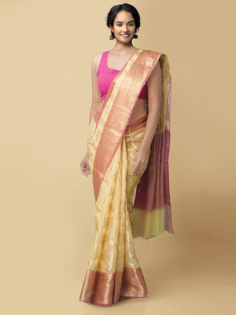 

Unnati Silks Yellow & Magenta Woven Design Zari Silk Cotton Kota Banarasi Saree