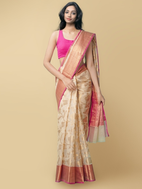 

Unnati Silks Cream-Coloured & Pink Floral Zari Silk Cotton Kota Saree