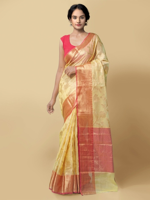

Unnati Silks Yellow & Pink Woven Design Zari Silk Cotton Kota Saree