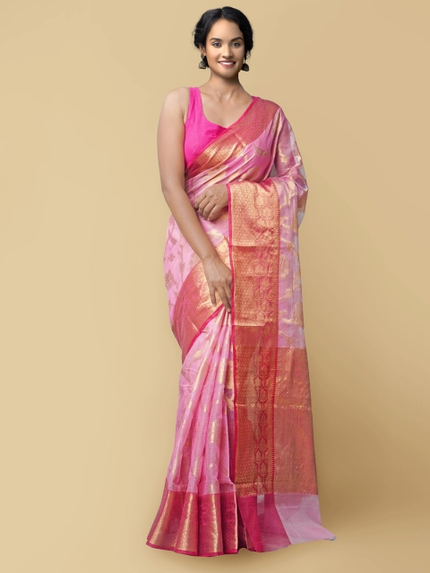 

Unnati Silks Pink & Gold-Toned Woven Design Zari Silk Pure Kota Banarasi Saree