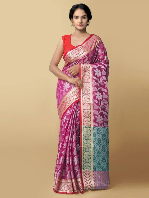 

Unnati Silks Pink & Gold-Toned Floral Zari Banarasi Silk Cotton Saree