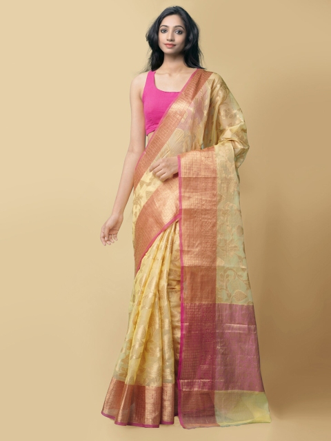 

Unnati Silks Yellow & Pink Ethnic Motifs Zari Silk Cotton Kota Saree