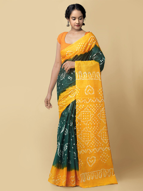 

Unnati Silks Green & Yellow Bandhani Pure Cotton Bandhani Saree