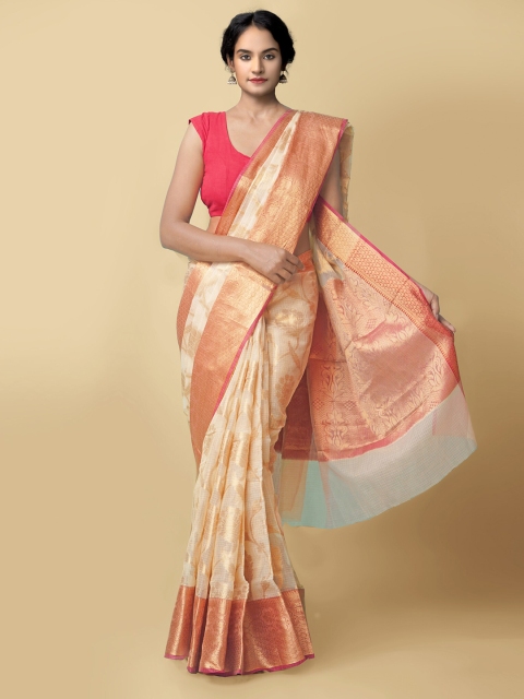 

Unnati Silks Cream-Coloured & Red Woven Design Zari Silk Cotton Kota Saree