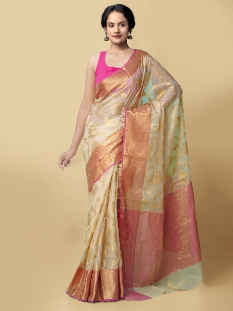 

Unnati Silks Cream-Coloured & Magenta Floral Zari Silk Cotton Kota Banarasi Saree