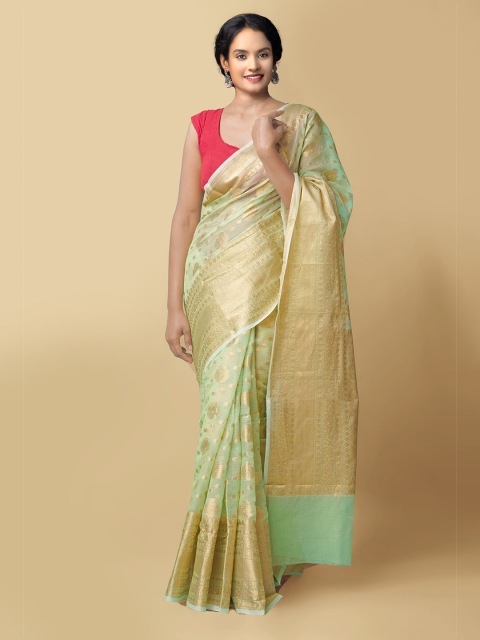 

Unnati Silks Women Green & Gold-Toned Pure Kota Banarasi Sustainable Saree