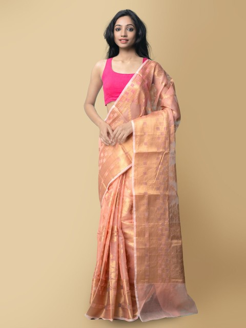 

Unnati Silks Women Pink & Gold-Toned Pure Kota Banarasi Sustainable Saree