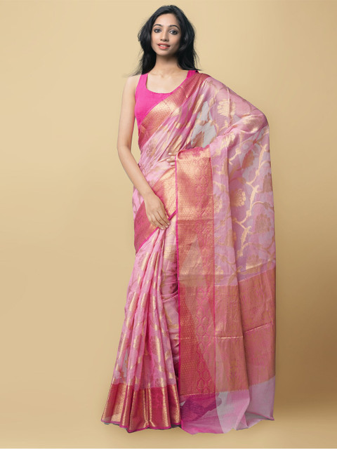 

Unnati Silks Pink & Gold-Toned Woven Design Zari Silk Cotton Kota Saree