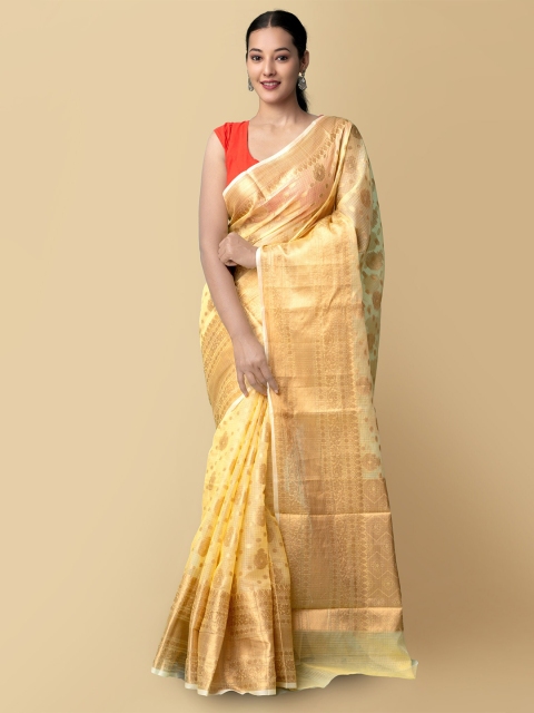 

Unnati Silks Women Yellow & Gold-Toned Pure Kota Banarasi Sustainable Saree