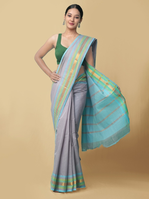 

Unnati Silks Grey & Green Striped Pure Cotton Mangalagiri Saree