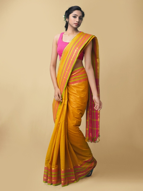 

Unnati Silks Yellow & Green Striped Mangalagiri Pure Cotton Saree