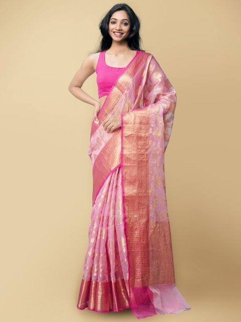 

Unnati Silks Pink & Gold-Toned Ethnic Motifs Zari Silk Cotton Kota Saree