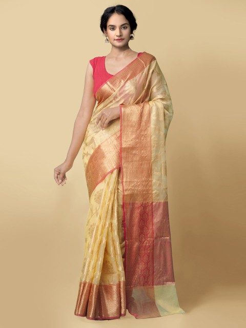 

Unnati Silks Yellow & Pink Ethnic Motifs Zari Silk Cotton Kota Saree