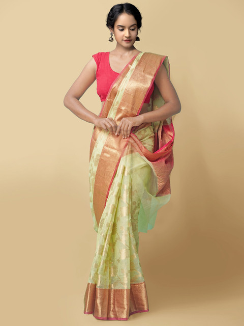 

Unnati Silks Women Green & Red Pure Kota Banarasi Saree