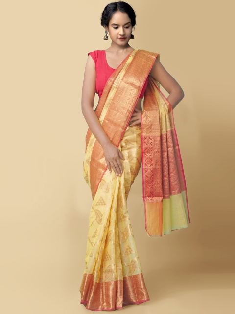 

Unnati Silks Yellow & Pink Woven Design Zari Silk Cotton Kota Banarasi Saree