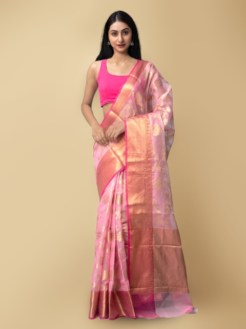 

Unnati Silks Pink & Purple Ethnic Motifs Woven Design Zari Banarasi Saree