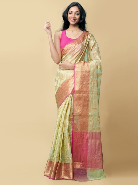 

Unnati Silks Green & Pink Ethnic Motifs Zari Silk Cotton Kota Saree