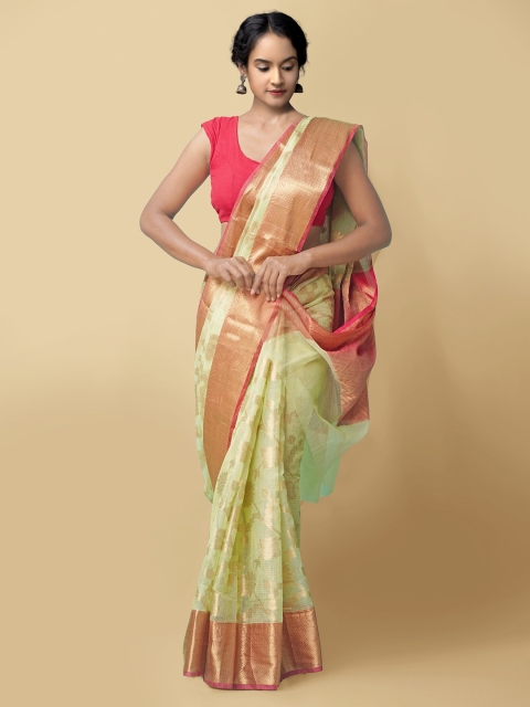 

Unnati Silks Pink & Green Woven Design Zari Silk Cotton Kota Saree
