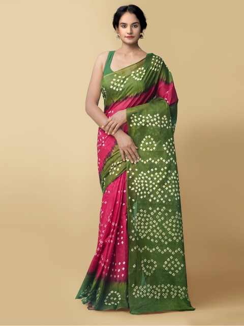 

Unnati Silks Pink & Green Bandhani Pure Cotton Bandhani Saree