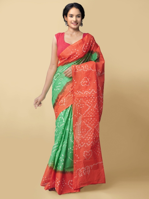 

Unnati Silks Women Green & Orange Handloom Sustainable Pure Bandhani Cotton Saree