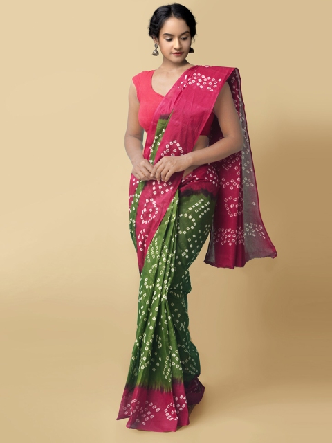 

Unnati Silks Green & Pink Bandhani Pure Cotton Handloom Bandhani Saree