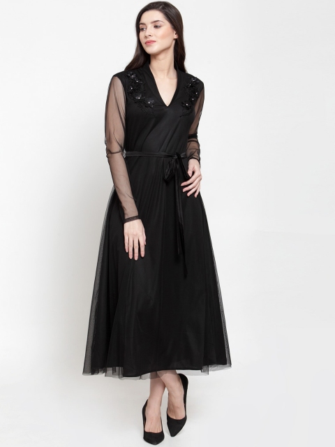 

Just Wow Black Embellished Applique Net Maxi Midi Dress