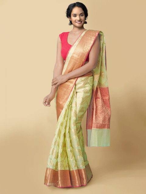 

Unnati Silks Green & Pink Woven Design Zari Kota Saree