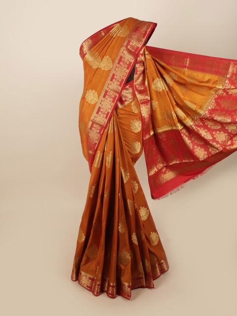 

Pothys Mustard & Red Ethnic Motifs Zari Jute Silk Saree