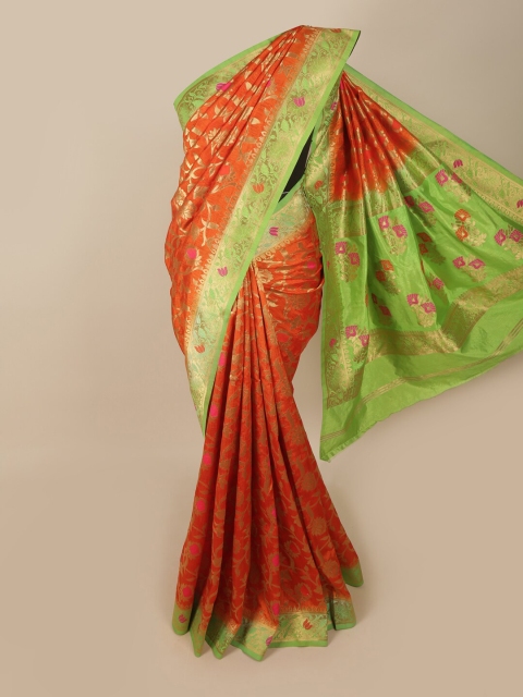 

Pothys Orange & Green Floral Zari Jute Silk Saree