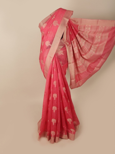 

Pothys Pink & Gold-Toned Floral Zari Art Dupion Silk Saree