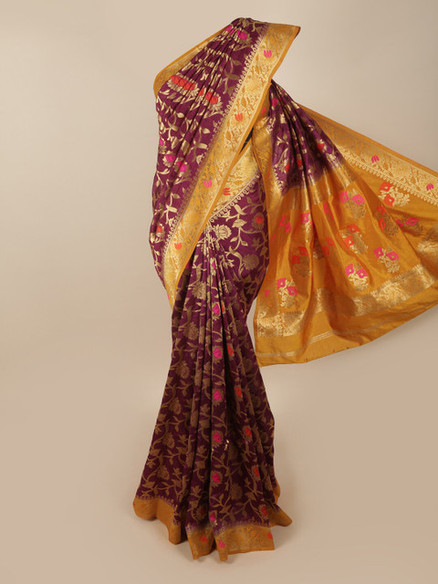 

Pothys Purple & Gold-Toned Woven Design Zari Jute Silk Saree