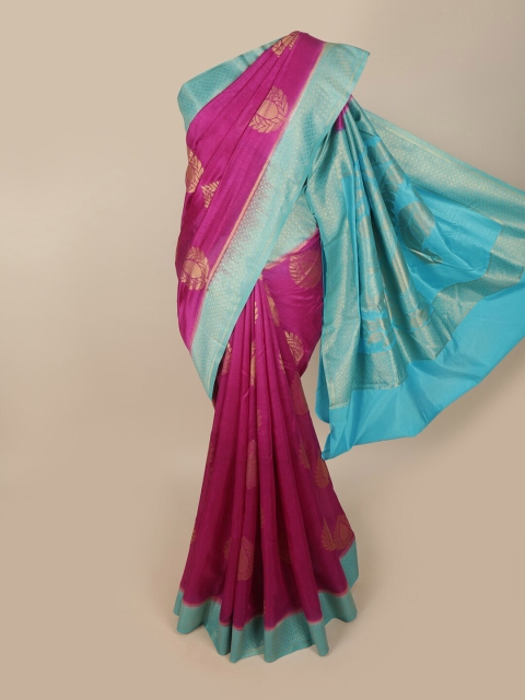 

Pothys Pink & Turquoise Blue Floral Zari Art Dupion Silk Saree